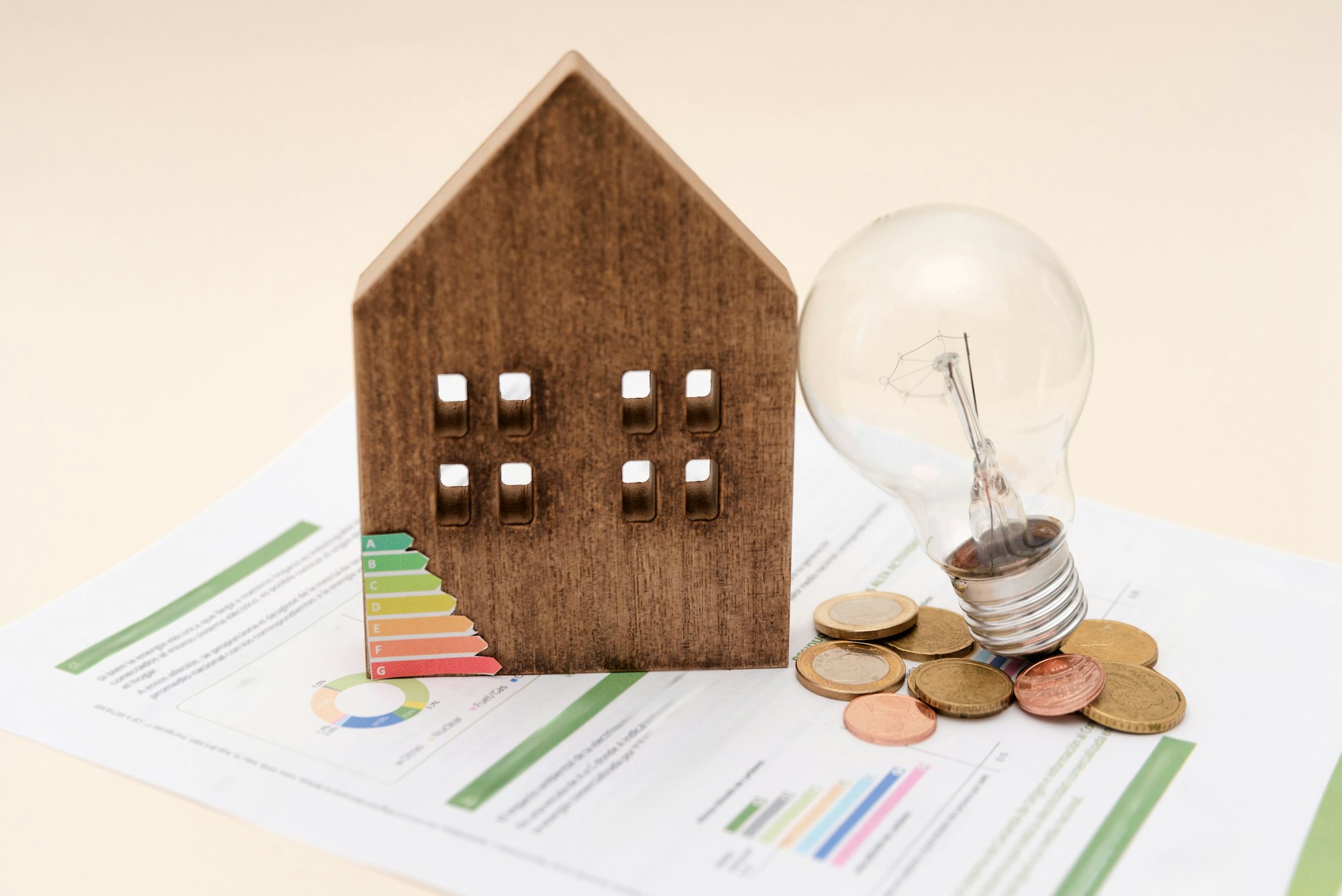 Energy Costs Concept with Wooden House Model, light Bulb and Coins on Energy electricity bill